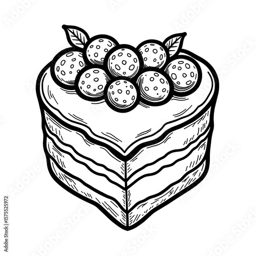Heart-shaped cake with berries, kids' coloring book illustration, black and white