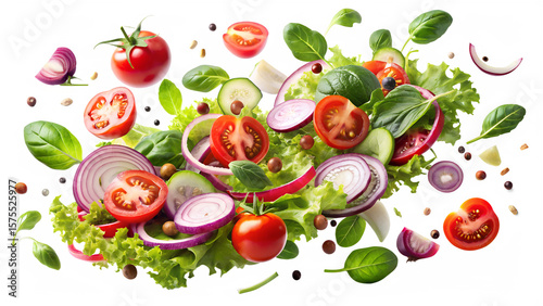 Significance of salad ingredients, flying vegetables and tomato slices isolated on a transparent background