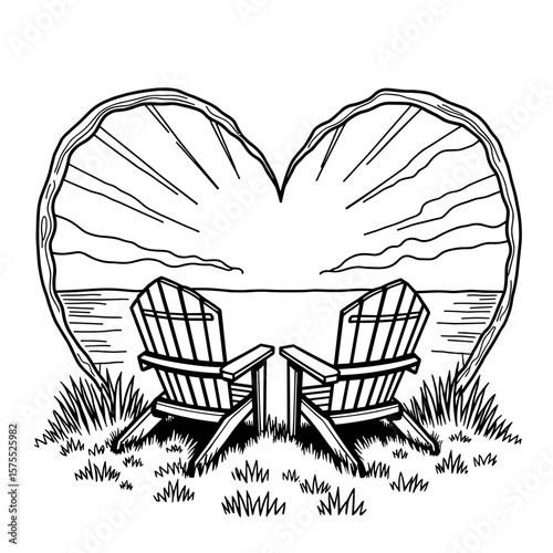 Two chairs forming heart shape at sunset, kids coloring design, romantic theme