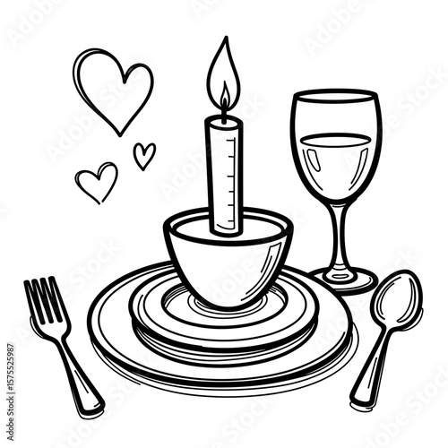 Romantic dinner with candle and heart plate, cute coloring book design