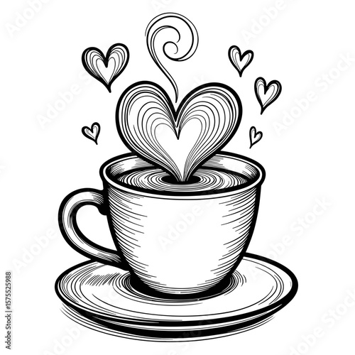 Heart-shaped coffee art in mug, hand-drawn style coloring book design