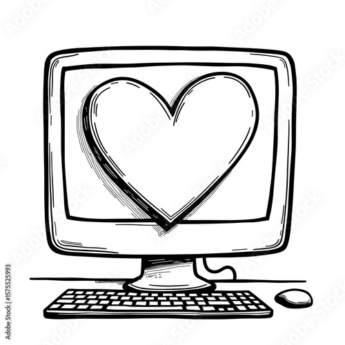 Heart-shaped post-it on computer screen, adorable kids coloring book design