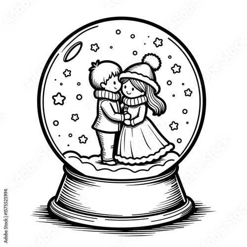 Snow globe with couple inside heart shape, cute hand-drawn style coloring book
