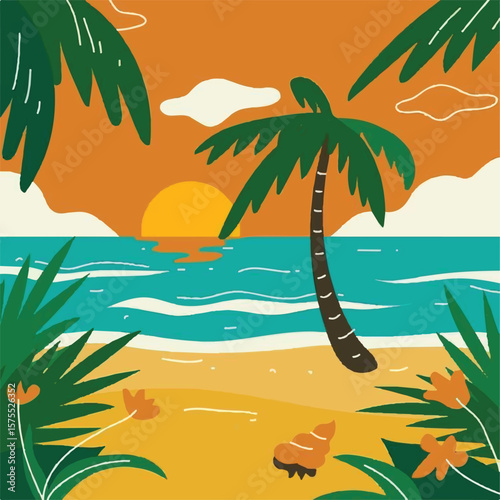 Premium Summer Beach Background with Clear Sky and Gentle Waves - High-Quality Tropical Beach Illustration with Palm Trees and Sunlight - Elegant Sunset Beach Scene
