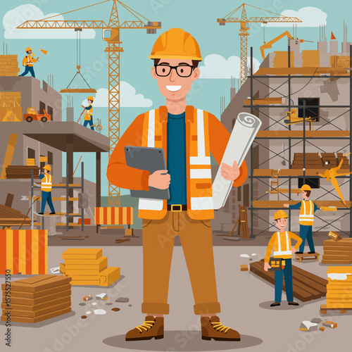 A cheerful construction worker, wearing a safety vest and hard hat, stands confidently on a bustling construction site, holding blueprints and a tablet, overseeing the building process.
