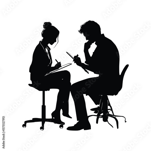 Couple Using Mobile Devices in Office Silhouette