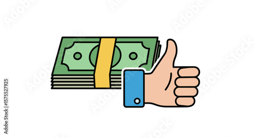 Hand giving thumbs up with stack of money on transparent background  