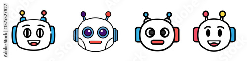 Set of robot faces isolated on transparent background  