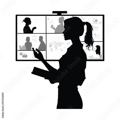 Woman Presenting Data on Virtual Screen Silhouette