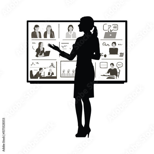 Woman Explaining Data Charts to Team Silhouette