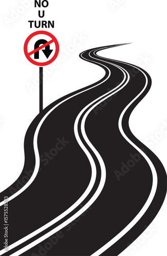 Illustration of a winding road and a no u turn sign on a white background