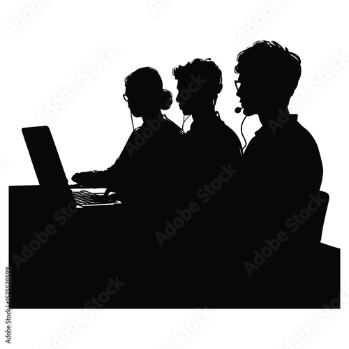 Office Team Working Together on Laptop Silhouette