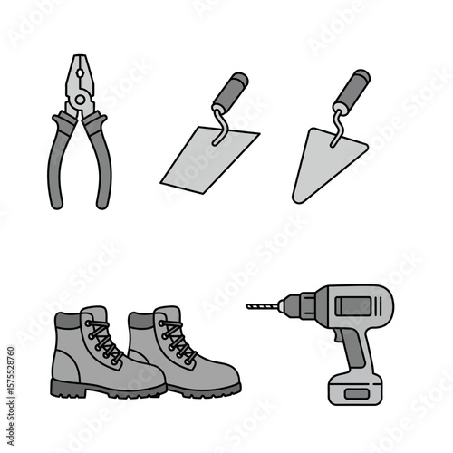Construction tools and work boots vector illustration, perfect for DIY, home improvement, and repair projects, featuring pliers, trowels, and a cordless drill, ideal for websites, blogs, and