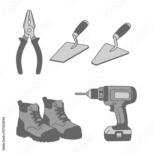 A collection of essential construction tools, including pliers, trowels, boots, a drill, and other equipment, are presented in a simple monochrome illustration.