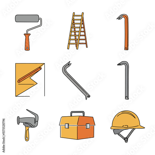 A collection of vector icons depicts various construction and renovation tools, including a paint roller, ladder, crowbars, toolbox, and hard hat, set against a clean white background.