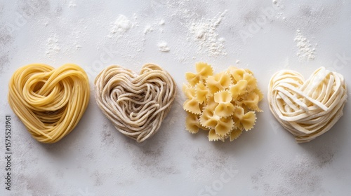 Heart-shaped pasta and noodles in assorted textures and colors arranged in a row on flour-dusted surface, romantic minimal concept for culinary and food styling themes