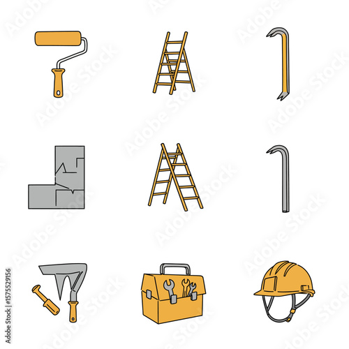 Collection of construction and renovation tools: paint roller, ladders, crowbars, tiles, scraper, toolbox, and hard hat.