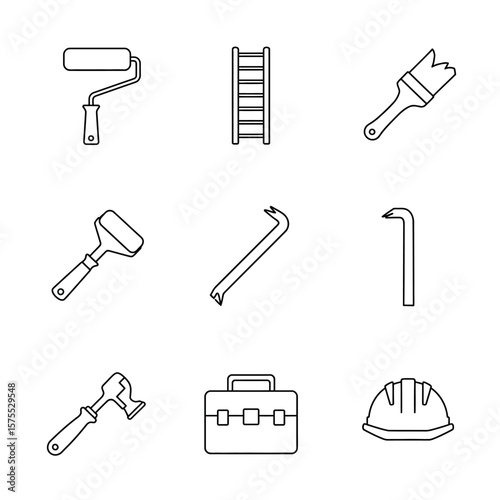 Collection of essential DIY and home renovation tools, including paint rollers, ladders, brushes, crowbars, and safety helmets, presented in a clean line art style.