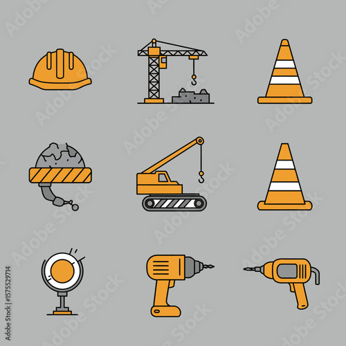 Collection of nine line icons depicting construction tools and safety equipment, including hard hats, cranes, traffic cones, and drills, ideal for construction industry websites or presentations.