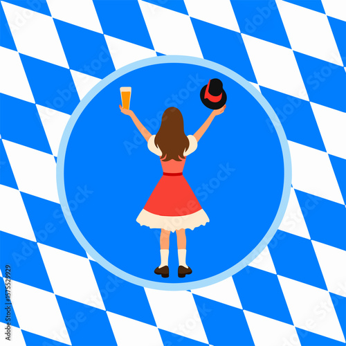 From the series "oktoberfest", girl in red  with a hat in her hand meets or sees someone off, on the background of traditional bavarian pattern with blue and white diamonds	