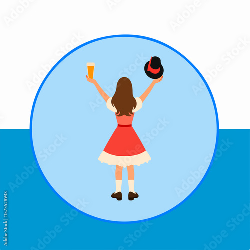 From the series "oktoberfest", girl in red dress with a hat in her hand meets or sees someone off, on the background of traditional bavarian pattern with blue and white strips