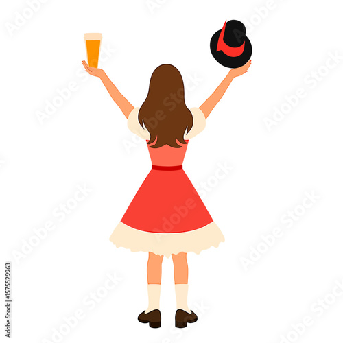 From the series "oktoberfest", a girl  in red dress with a hat in her hand meets or sees someone off, on isolated transparent background