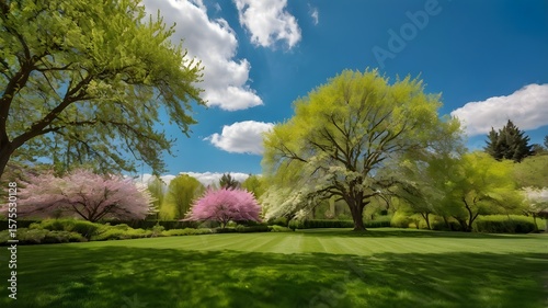 Vibrant spring nature backdrop with a neatly trimmed green lawn, lush trees, and a clear blue sky adorned with soft clouds — a serene and sunny seasonal landscape.

