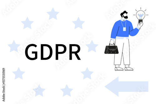 Businessman holding lightbulb symbolizing ideas near GDPR text, surrounded by stars and arrow pointing left. Ideal for data protection, compliance, privacy, innovation, business, legal obligations
