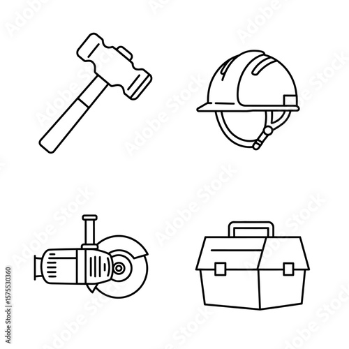 A simple line art illustration showcases essential construction tools, including a sledgehammer, safety helmet, angle grinder, and toolbox, on a clean white background.