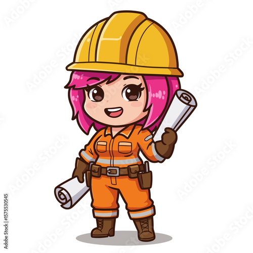 A cheerful cartoon female construction worker with pink hair wearing a yellow hardhat and orange uniform, holding blueprints, ready for the building site.