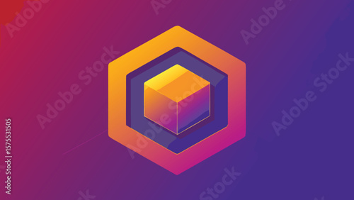 Abstract geometric shape with hexagonal frame and cube in gradient color style