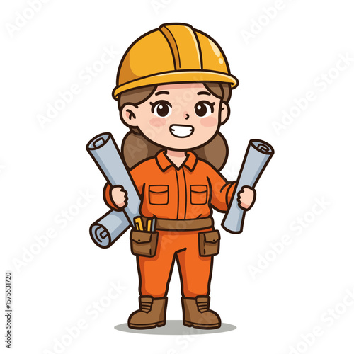 A cheerful cartoon female engineer or construction worker smiles while holding rolled blueprints, wearing a yellow hard hat and orange overalls on white background.
