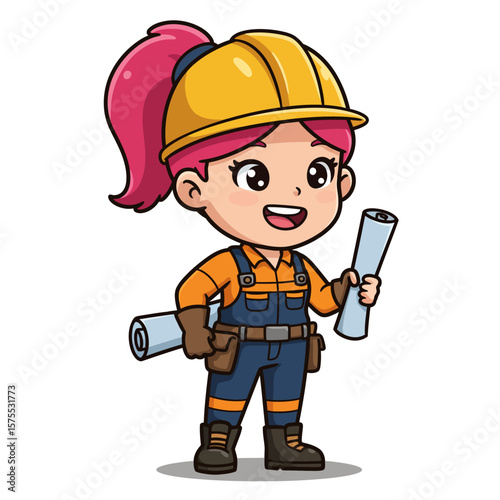 A cheerful cartoon woman construction worker in a hard hat and overalls holds blueprints, ready for a project.
