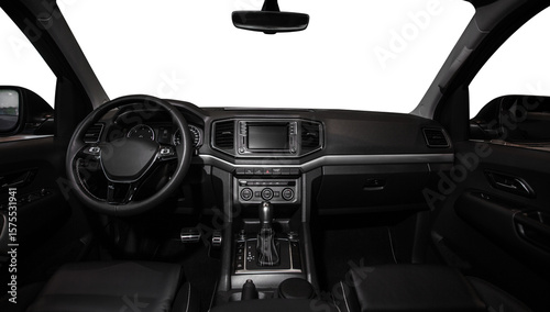 A black car with a black steering wheel and a black dashboard. PNG on transparent background