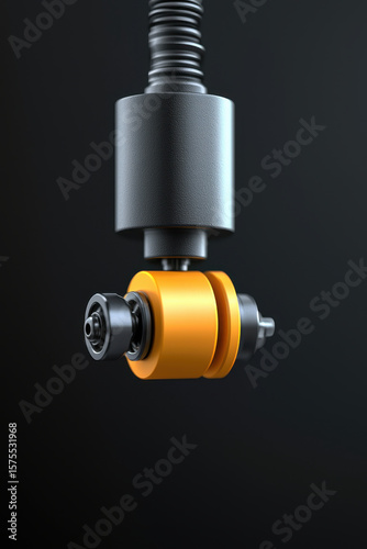 Close up shot of mechanical component with metallic and orange finish, industrial tool, precision engineering, modern design, isolated on dark background