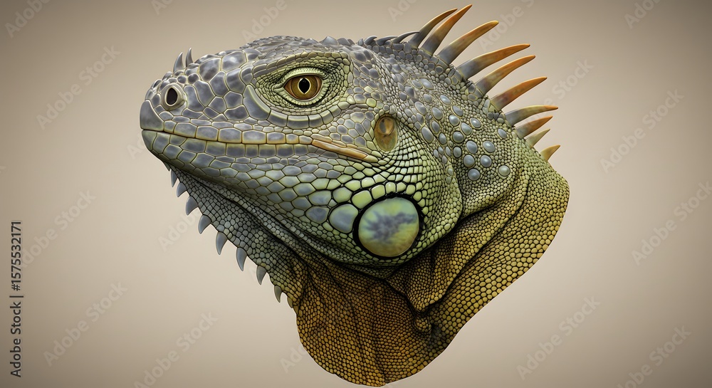 Obraz premium Majestic green iguana shows off its scales and vibrant colors on a soft beige background for a striking animal portrait.