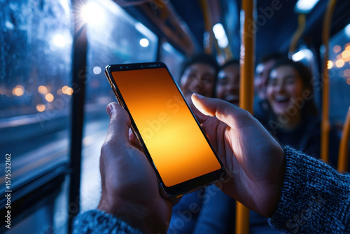 Person holding smartphone with blank orange screen on city bus at night, friends laughing in background, urban public transport, multiracial group, technology, social connection, joyful atmosphere