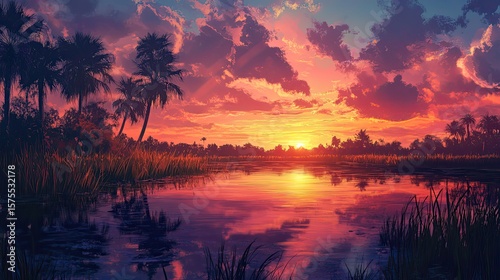 Digital painting of a summer oasis with colorful sunset sky and palm reflections in water