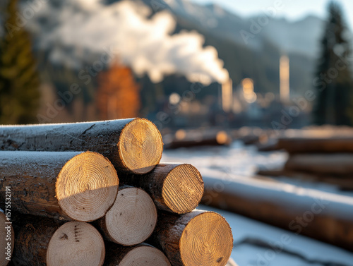 Stacked logs winter forest sunlight snow mountain smoke industry timber wood outdoors environmental impact. scene captures tranquil yet industrial atmosphere in cold mountainous region