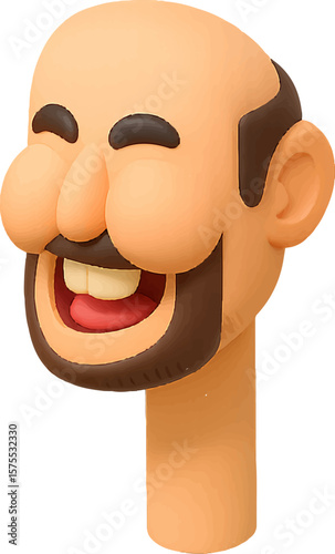 3D Cheerful Cartoon Laughing Bald Man with Beard Render