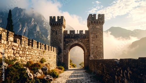 Fototapeta Naklejka Na Ścianę i Meble -  Medieval Castle Gate with Mountain Views with Dramatic Sky and Ancient Fortress.