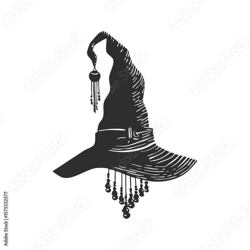 Witch Hat With Beads Silhouette Illustration. Magical And Mystical Theme Isolated Vector Illustration