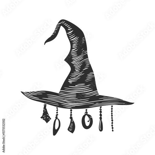 Witch Hat With Charms Silhouette Illustration. Magical And Mystical Theme Isolated Vector Illustration