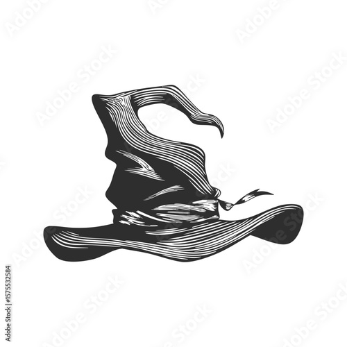 Witch Hat Silhouette Illustration. Magical And Mystical Theme For Halloween And Fantasy. Isolated Vector Illustration