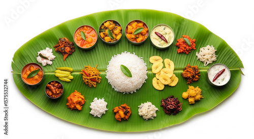 Traditional Kerala Sadya Meal on Banana Leaf Isolated on White