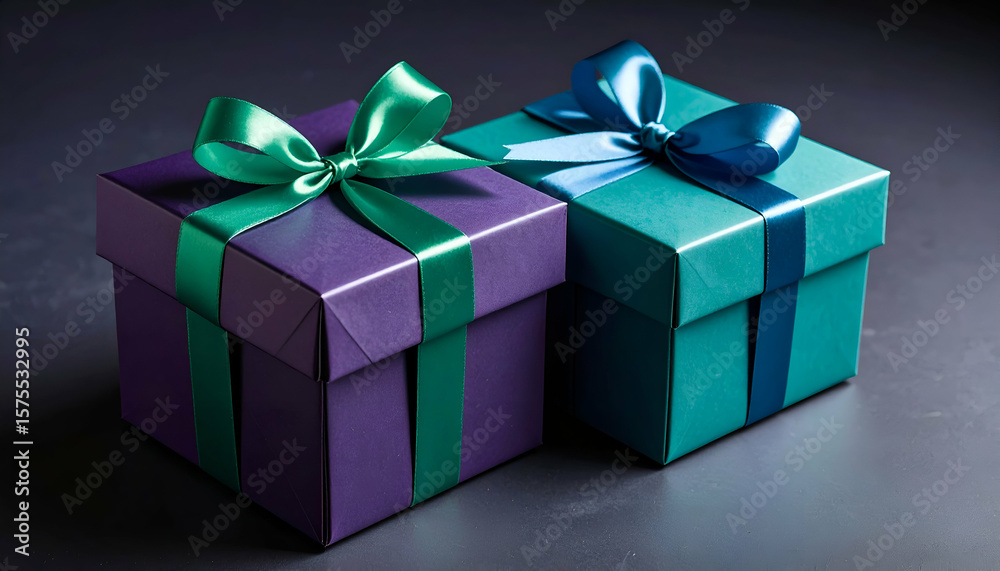 Obraz premium Purple Teal Gift Boxes with Dark Background.