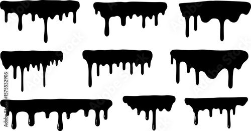 Black dripping oil stain, melt drips , liquid, ink silhouettes isolated vector illustration.
