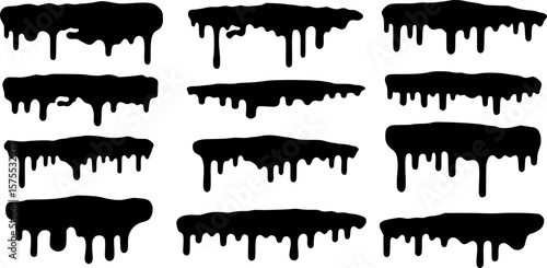 Black dripping oil stain, melt drips , liquid, ink silhouettes isolated vector illustration.
