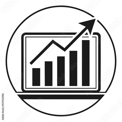 Black and white laptop with increasing financial graph inside a circle