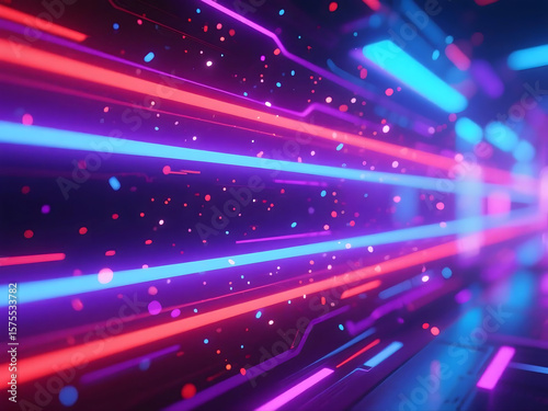A vibrant, futuristic digital background with horizontal glowing light trails in shades of neon purple, red, and blue.